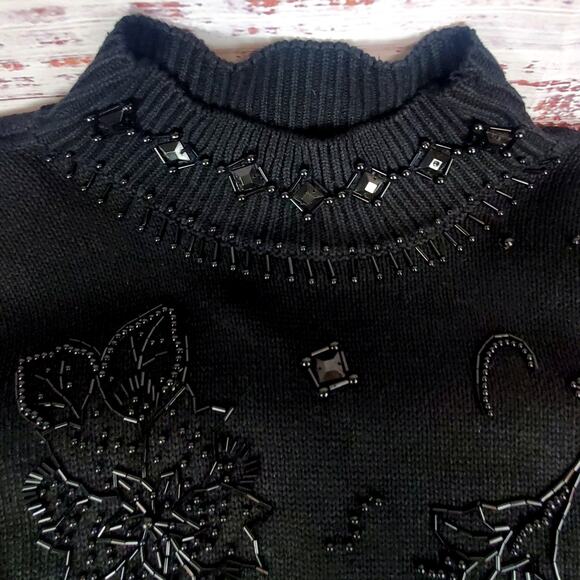 Vintage Deadstock 80's Black Beaded Tunic Sweater Dress M Dark Academia Goth NWT - Picture 6 of 8